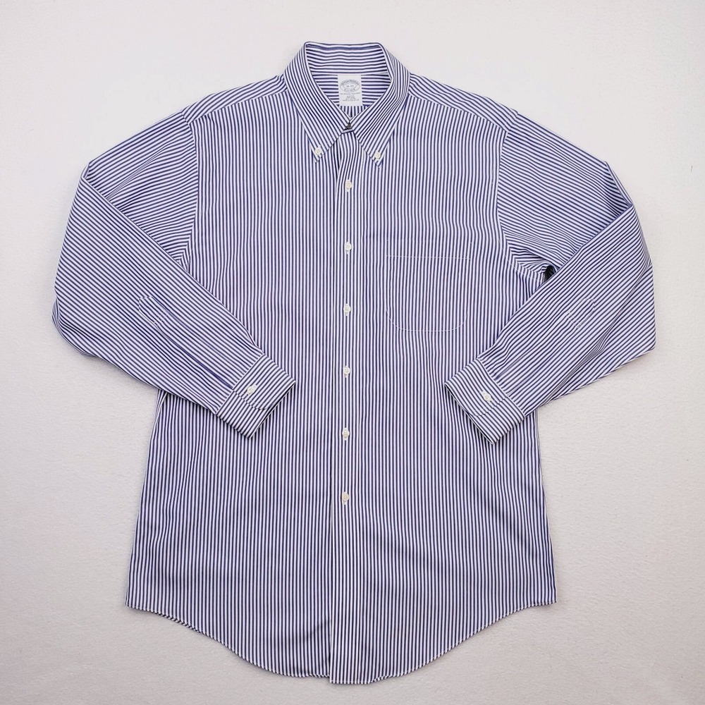Brooks Brothers Shirt Men 16 Blue White Striped Button Down Slim Fit Long Sleeve